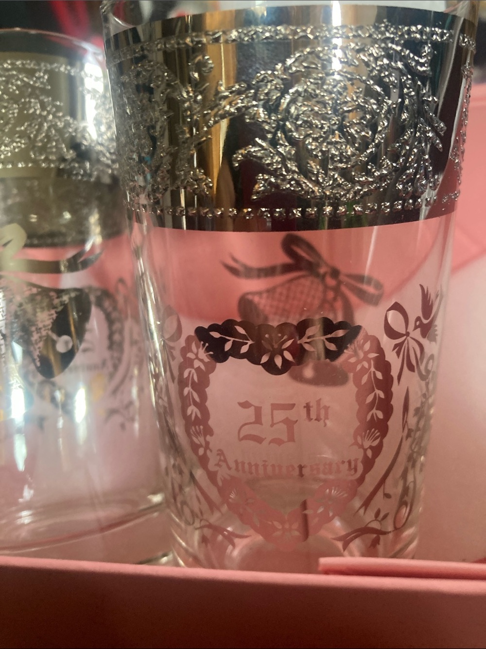 Elegant Blush Pink Box for gifting two silver plated 25th anniversary glasses.